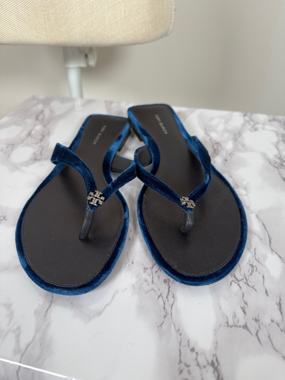 Tory Burch Blue Velvet Thong Sandals with Logo Accent - Picture 7 of 9